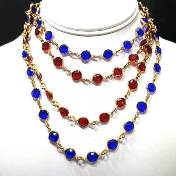 Vintage 2 Necklace Set, Red Blue Acrylic Flat Bead Chains, TWO SISTERS, 28 Inch - Picture 3 of 6